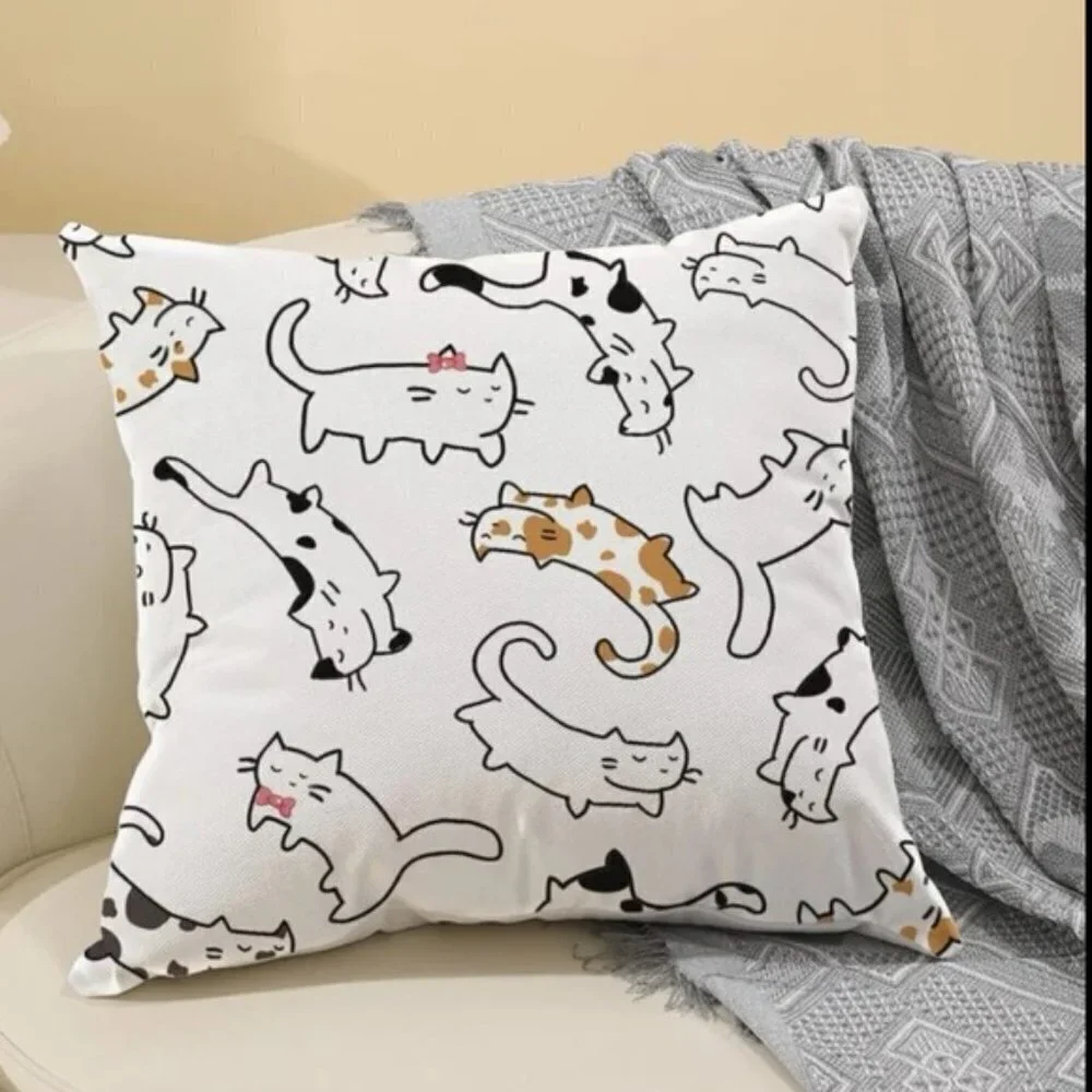 Pillow Cover Cat Print Zip Close Large Square White Tan Black Multicolor 17.7 in